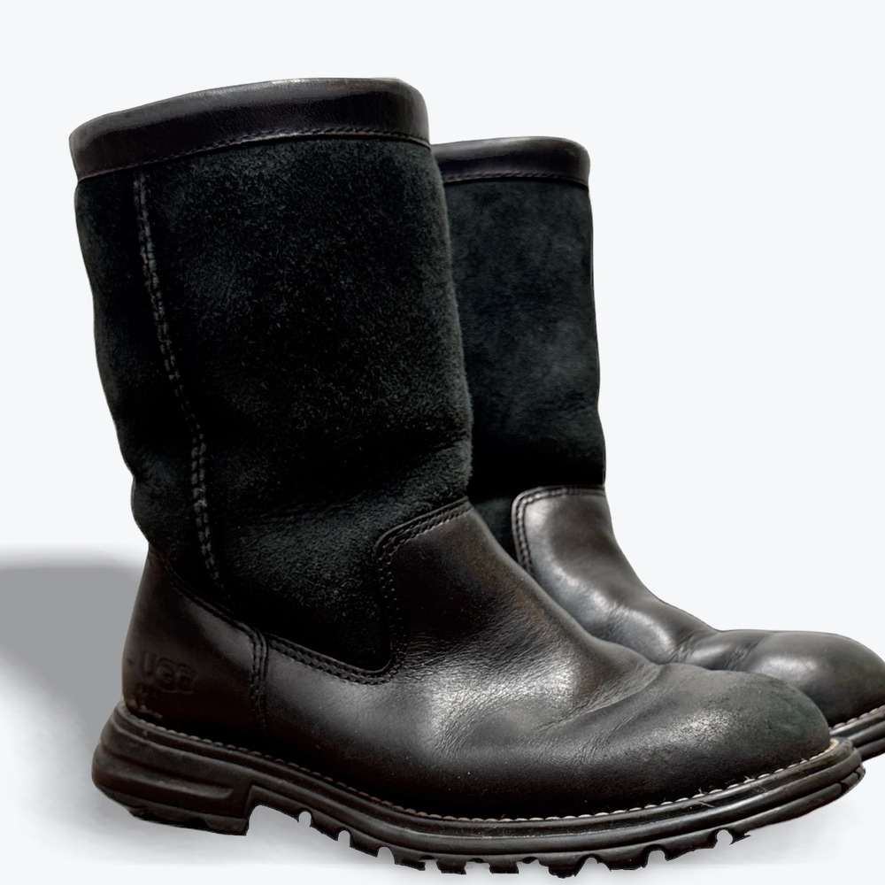 UGG Boots Brooks 5381 Womens Black 6 Leather & Suede Shearling Lined Lug Sole